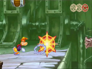 Door zijn loshangende lichaamsdelen kan Rayman een veilige afstand bewaren.