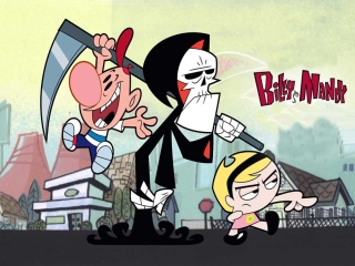 Hier zie je de hoofdpersonages, Billy, Grim & Mandy.